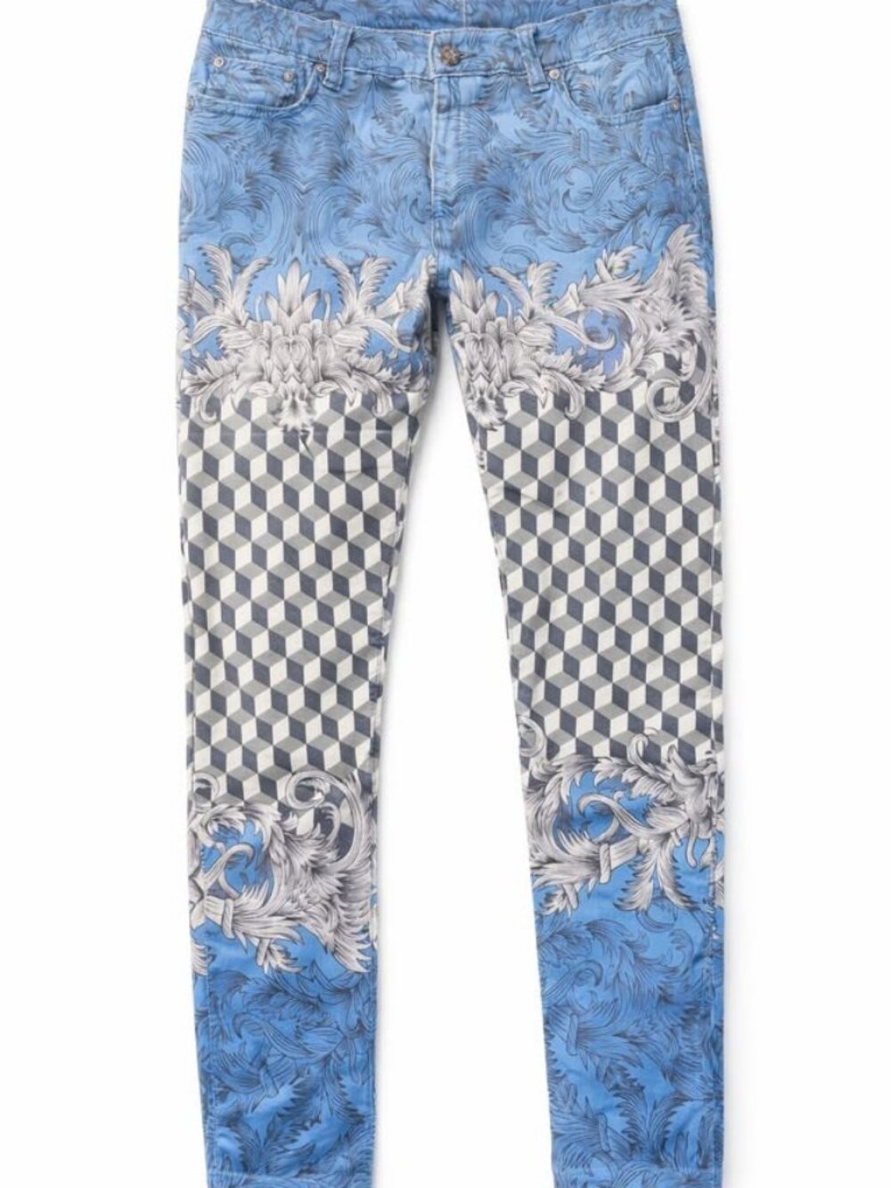 Baroque Geometric Stretch Jeans Mens Size 33 Blue Slim Fit Y2K Novelty Denim